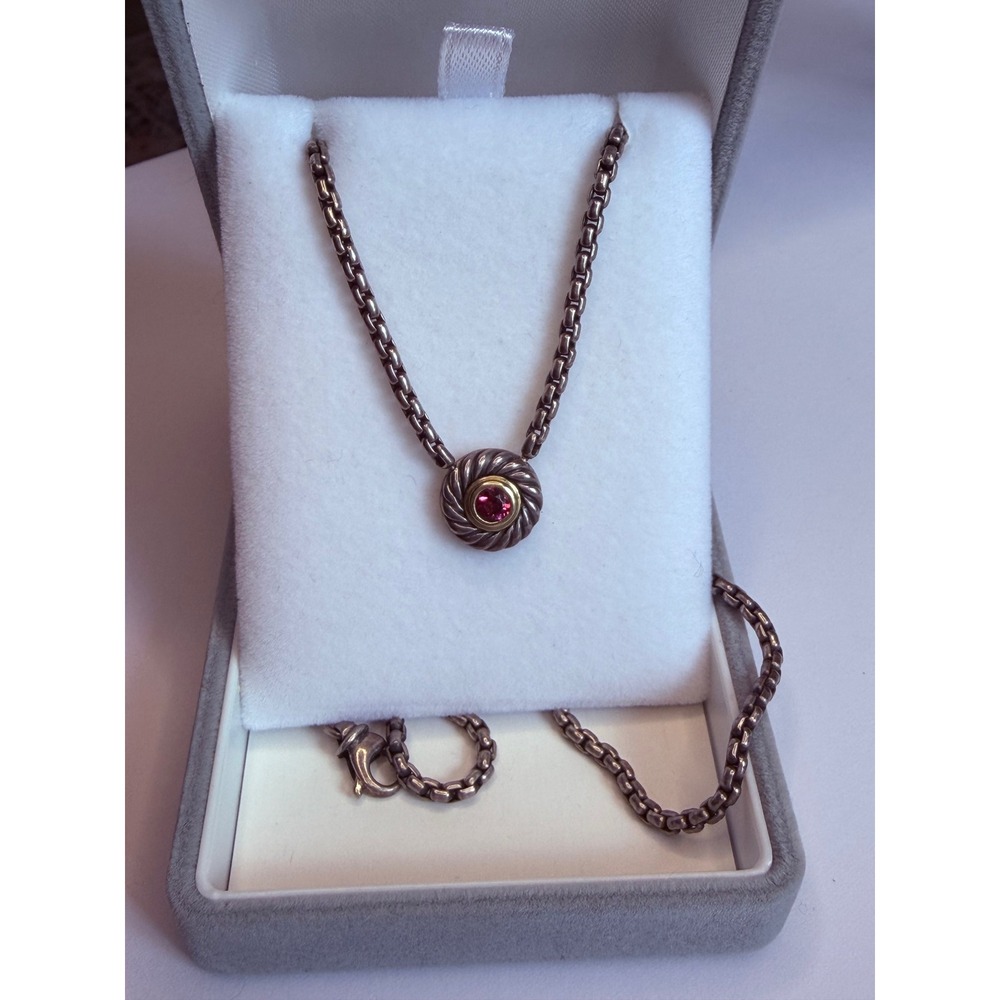 DAVID YURMAN STERLING SILVER 14K GOLD GARNET CABLE COOKIE NECKLACE 16"
